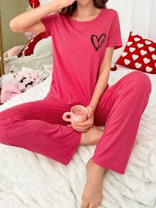 心形与字母图案短袖和长裤女士睡衣套装 - 粉色 - 查看 2