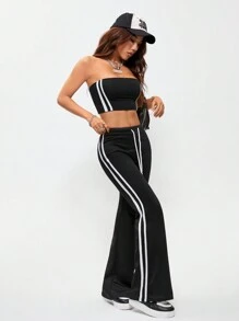 SHEIN EZwear Conjuntos de Roupas Femininas de Primavera/Verão para Sair, Streetwear, Esporte, Decoração com Textura Faixada, Top Tubular e Calças Flare em Duas Peças - Preto - Visão 6