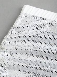 EgrlEra Bộ 2 món: Áo hở lưng hở lưng đính sequin lấp lánh + Chân váy mini nhún bèo - Bạc - Xem 3