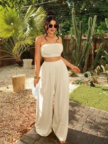 SHEIN SXY 女士时尚褶皱露肩阔腿裤套装夏季度假海滩波西米亚风性感 - 米色 - 查看 3