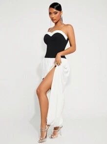 SHEIN SXY White Party/Valentine's Day Dress With Ruffle Collar, Tube, Contrast Color, Slit, Sexy Sleeveless Dress For Women