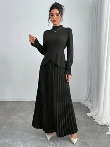 Chiquease Set de 2 piezas de top de manga larga y falda de unicolor para mujer