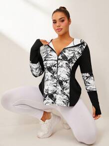 Easithlete Plus Size Fashionable Print Patchwork Long Sleeve Hooded Sports Jacket