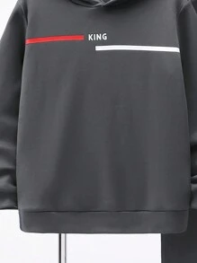 SHEIN Leap Crew 2pcs/Set Casual Versatile Comfortable Striped & Letter Print Knit Hoodie And Sweatpants Set, Suitable For Parties, Back To School, Fleece Thickened - Dark Grey - View 3