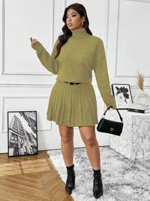 Flirla 1 conjunto de suéter informal de cuello de polo y falda de punto con textura de rayas verticales, talla grande, versátil, para uso diario y de trabajo - Verde Oliva - Ver 3