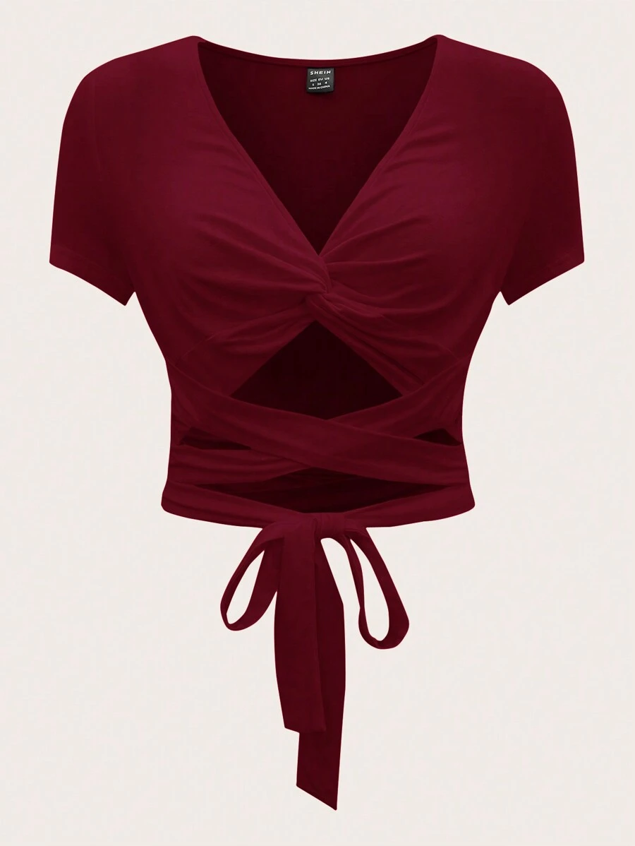 SHEIN ICON 扭纹前系带交叉短袖短款女式上衣 红色 - 酒紅色 - 查看 1