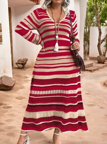 Calvaya Plus Size Colorblock Striped Long Knitted Sweater Dress, Casual Resort Wear For New Year Clothes - Red - View 1
