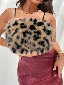 SHEIN Privé Plus Size Y2K Music Festival Modern Mini Faux Fur Sexy Leopard Print Animal Pattern Women Cami Top, Autumn/Winter