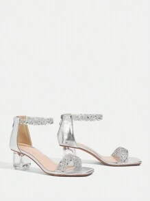 CUCCOO TILAWA Women's Fashion Crystal Heel & Glass Rhinestone Studded High Heel Sandals, Suitable For Formal Events & Outings Spring Shoes Spring Break Easter Prom Heels - Silver - View 5