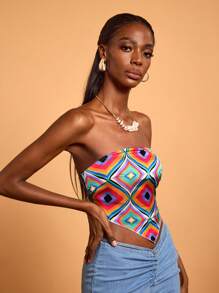 Abeille Creations Designer Boho Bohemian Women's Multi-Color Abstract Geometric Pattern Print Summer Vacation Sexy Style Tube Top, For Going Out, Festival, Ibiza Fits