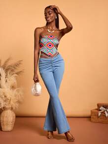 Abeille Creations Designer Boho Bohemian Women's Multi-Color Abstract Geometric Pattern Print Summer Vacation Sexy Style Tube Top, For Going Out, Festival, Ibiza Fits