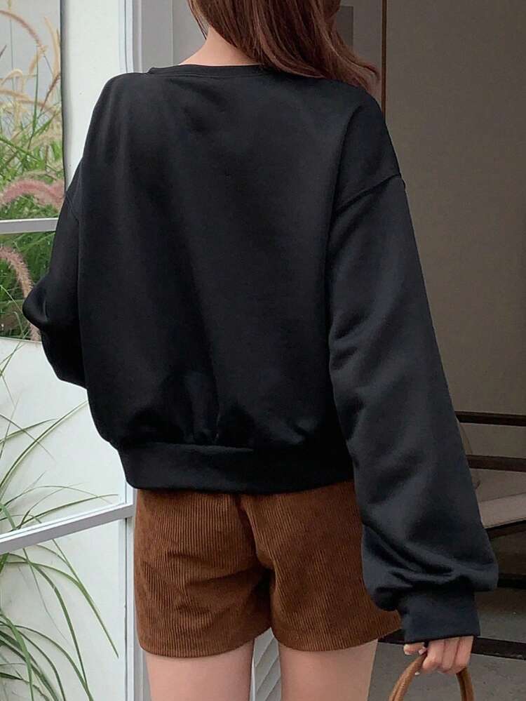 Letter & Bow Graphic Loose Fitting Long Sleeve Round Neck Sweatshirt For Women,Fall Clothes