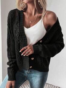 EMERY ROSE Women's Solid Color Long Sleeve Black Cardigan, Minimalist Casual Daily Wear Fall Winter Cloth For Women - Black - View 3