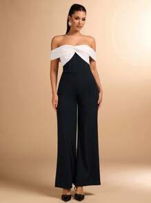 SHEIN BAE Elegant Women's Black & Color Block Jumpsuit, Great For Daily Wear, Dating, Outing, Nightclub, Party Gathering, Suitable For Halloween