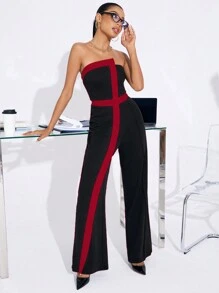 SHEIN SXY Mono de pierna recta con contraste de color sin mangas para uso en oficina, ropa de mujer de temporada otoñal