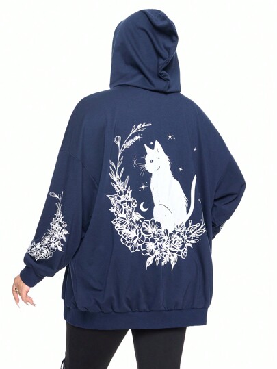 Hippie Große Größen verspielter Gothic Schwarze Katze & Himmels Muster Kapuzenpulli