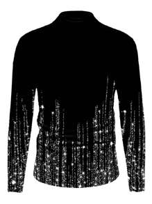 Manfinity VCAY Camisa negra de manga larga con cuello vuelto para hombres, con estampado de perlas, sin lentejuelas, para fiesta
