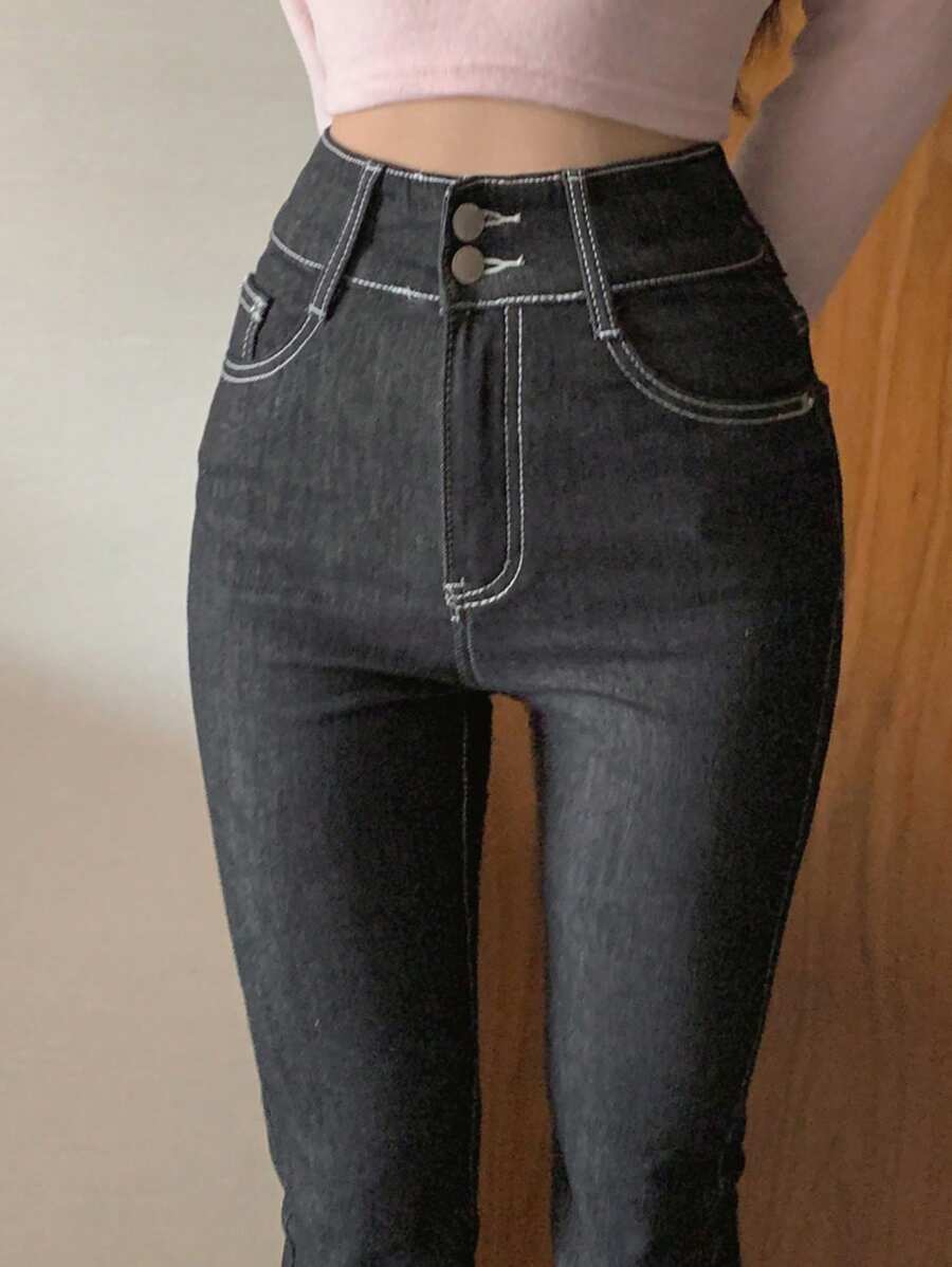 DAZY Stretch Skinny Full Length Solid Color Jeans, All Season - Black - View 1