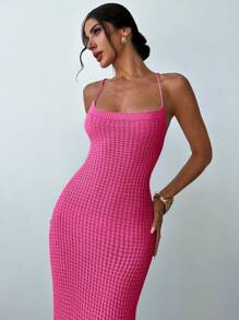 Firerie Abito a tubino elegante e casual in maglia con spacco e schiena scoperta, stile sexy per le donne - Fucsia - Visualizzare 3