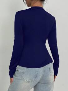 Firerie 女士优雅复古硬币印花紧身长袖 T 恤，通勤和度假时尚，秋季 - 藏蓝色 - 查看 2