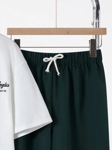 SHEIN Leap Crew 2pcs Set Teen Boy's Slogan & Tropical Print Tee & Drawstring Waist Shorts;Spring Wear; Teen Boys' Clothing; Teen Boy' Jackets, Spring Back To School - Multicolor - View 3