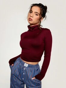 Athîral Áo thun nữ cổ lọ dài tay ôm vừa vặn, mùa thu - Màu Đỏ Sâu - Xem 1