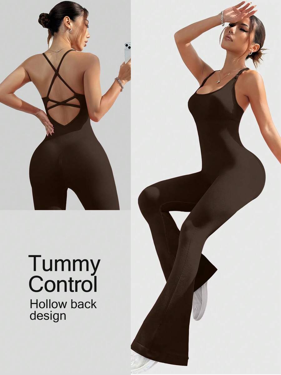 Seamless High Elastic Yoga Workout Leisure Sports Jumpsuit With Built-In Bra Pad