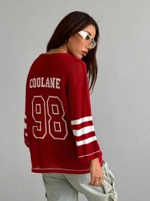 Coolane Jersey oversize de punto con rayas y estampado de números de manga 3/4 como cubridor, para primavera/verano, para el Día de San Valentín/Nochevieja