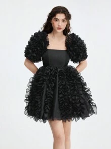 SHEIN MOD Women Elegant Black Ruffle Trim Organza Mini Dress, Dresses For Women, Dresses For Women Elegant, Dresses For Women Party, Corset Dress, Graduation Dress, New Year Party Dress, Going Out Dress, Vintage Dress, Goth Dress, Dress Madrinha De Casamento