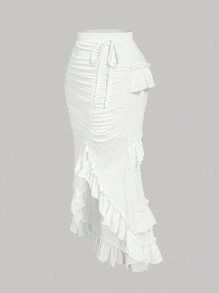 SHEIN MOD Plus Size Retro Cute Asymmetrical Ruffle Hem Decorated Mid-Length Skirt, Suitable For New Year, Valentine's Day, Date, Party - White - View 5