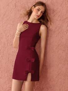 Enchnt Winter/Spring Romantic Women's Claret Red Cute Bow Decor Sleeveless Mini Dress, Sweet&Elegant For Christmas Party&New Years&Birthday&Holiday Outfit &Valentine's Day&Sweet Date Night&Daily Commuting, Dress