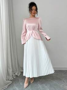 Elenzga Elegant High-Waisted A-Line Pleated Long Sleeve Dress For Women
