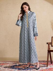 Al Najma 2025 Spring Turkish Arabian Printed Long Robe Dress Kaftan Jalabiya Dress - Grey - View 5