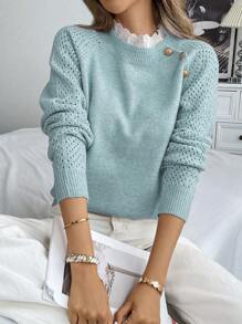 Calvaya New Fashionable Floral Trim Round Neck Loose Casual Women Sweater Knit Pullover Fall Winter Sweater - Blue - View 4
