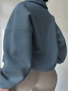 INAWLY 大码纯色半拉链长袖休闲卫衣，适合毕业季、教师节、返校季等场合，秋冬季节皆宜。 - 霧霾藍 - 查看 2