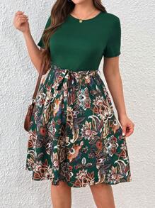 Vestido corto casual de talla grande para mujer, con estampado de parches, paisley y flores en verde, con cintura anudada, entallado y de línea A, para primavera/verano, uso diario, oficina y vacaciones - Multicolor - Ver 7