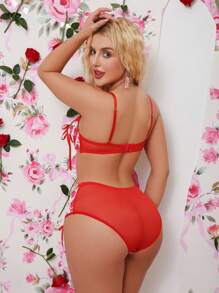 Floral Drawstring Romantic Bra & Panty, Women Valentine's Day 2 Pieces Lingerie Set - Black - View 2