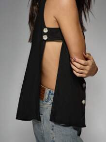 MISSGUIDED Débardeur en lin surdimensionné à boutons devant, col en V sans manches. Vêtement d'été décontracté pour la plage et les vacances. Tissu naturel respirant, un essentiel pour les vacances