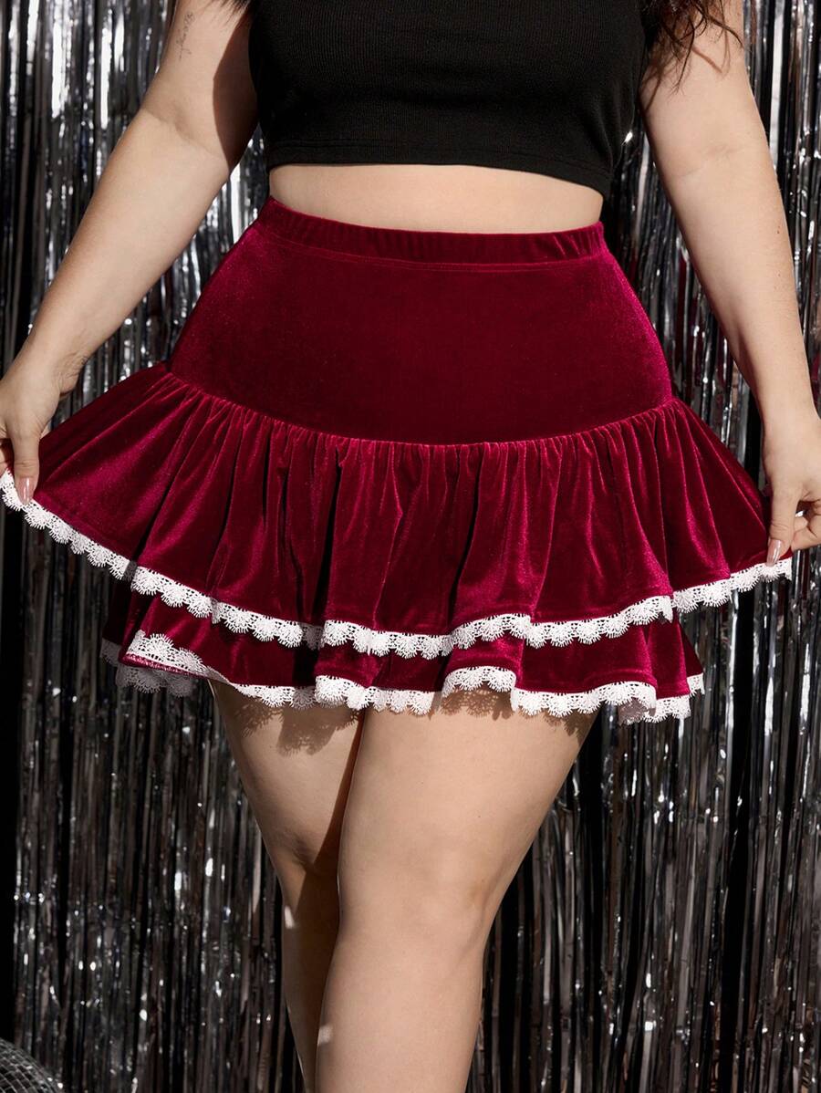 SHEIN MOD Plus Size Vintage Velvet Ruched Decorative Cute Cake Pleated Skirt, Valentine's Day Gift - Burgundy - View 1