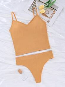 Simple Solid Color Lingerie Set: Camisole + G-String - Yellow - View 1
