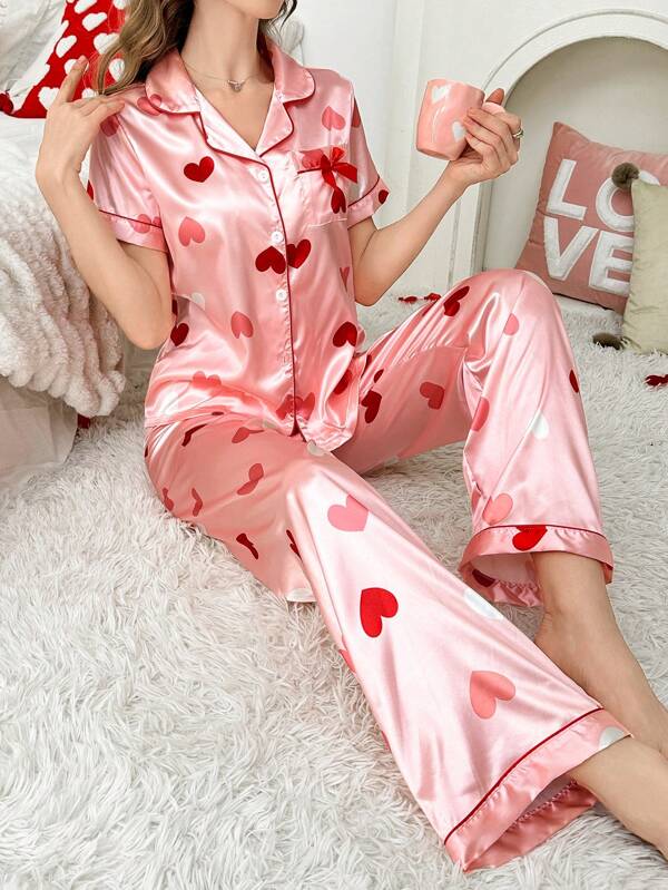 Butterfly Decor Pocket Faux Silk Heart Print Pajama Set
