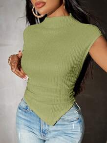 SHEIN SXY Summer;Solid Color Asymmetric Hem Knit T-Shirt For Women, Spring - Green - View 3