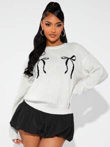 SHEIN SXY Thick Warm Bow Crew Neck Christmas Sweater, Autumn/Winter - White - View 6