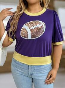 SHEIN LUNE Áo thun thể thao tay bồng ngắn đính sequin màu tím tương phản dành cho nữ cỡ lớn, phong cách Boho Cowgirl, phong cách Old Money, lễ hội, phong cách Bohemian phương Tây, trang phục dành cho phụ nữ, phong cách Hippie mùa hè, phong cách Boho Old Money, mùa hè dành cho phụ nữ, lễ hội Raves nghỉ xuân - Nhiều màu - Xem 6