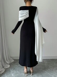 Rafferiza Vestido largo de mujer con cuello redondo de manga larga, asimétrico, de gasa transparente con empalmado de parches en blanco y negro, de estilo original nuevo para vacaciones, citas y fiestas, con cintura alta elástica y cremallera larga, elegante