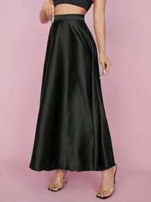 SHEIN PETITE High Waist Solid Flared Party Women Skirt