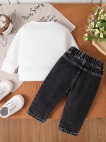 SHEIN Newborn Baby Girls' White Round Neck Sweatshirt, Pink Bow Print Denim Pants, Pink Bow Embroidery Cute Sweet Suit, Autumn/Winter