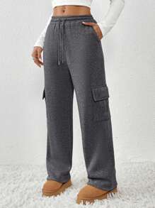 SHEIN PETITE Grey Drawstring Waist Strap Diagonal Pocket Straight Leg Long Casual Sweatpants, Fashionable & Minimalist, Suitable For Petite Women In Autumn/Winter Graduation,Back To School Outfits,Graduation,Teacher Outfits For Women,Back To School - Dark Grey - View 4