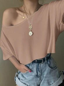 SHEIN EZwear 卡其色针织宽松露肩超大码女式 T 恤 - 卡其色 - 查看 3