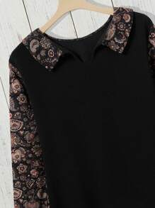 EMERY ROSE 女式花卉印花彼得潘领可爱长袖衬衫，秋季女式衬裙 - 黑色 - 查看 4